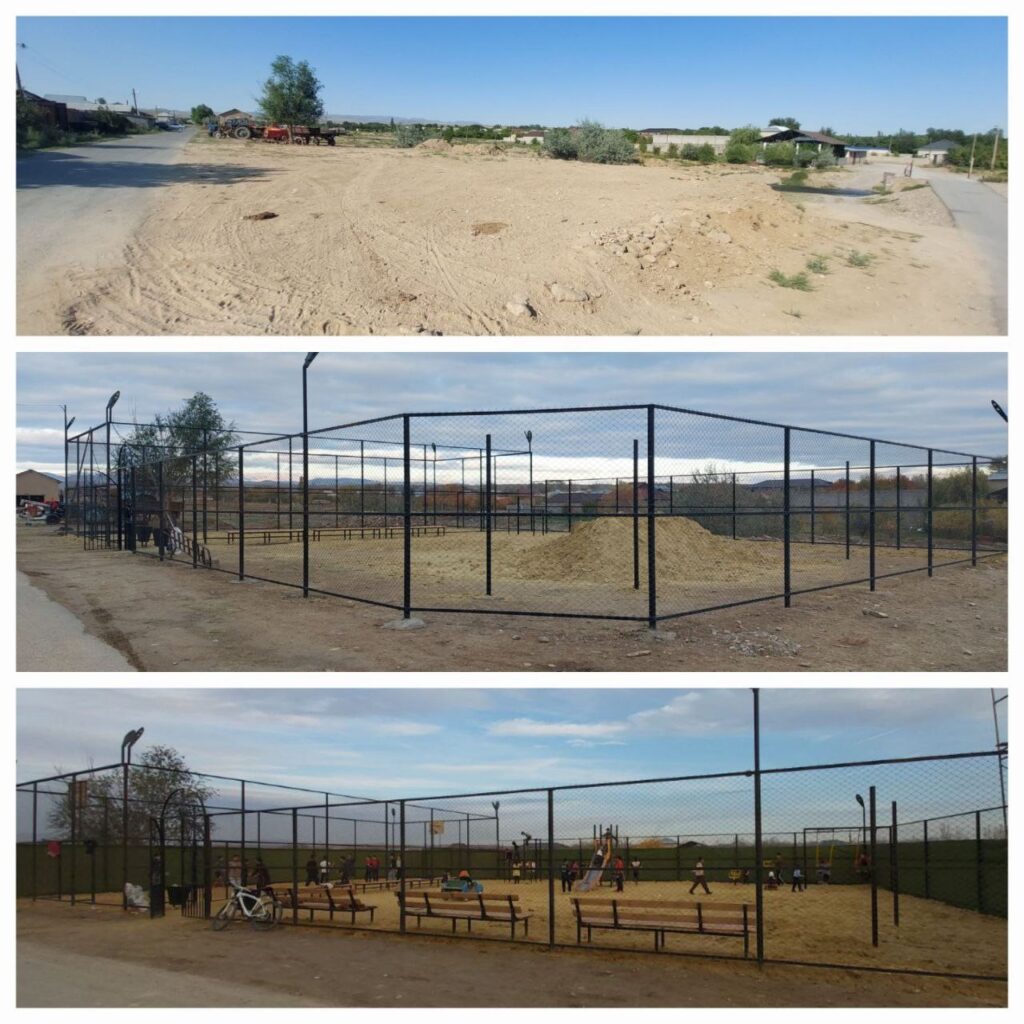 Three photos show a bare lot of dirt, then a fence and lighting under construction, and finally a finished recreational field.